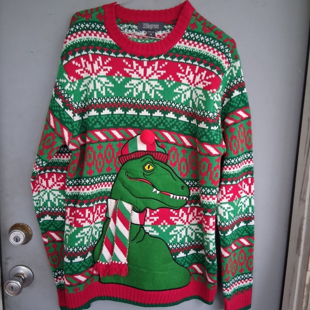 Mens DINOSAUR‎ Dino T-REX M Ugly Christmas Sweater Party 33 Degrees EUC